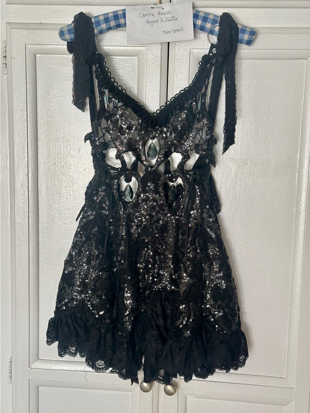 Black Lace & Sequin Mini Babydoll Dress with Sheer Cutouts & Crystal accents